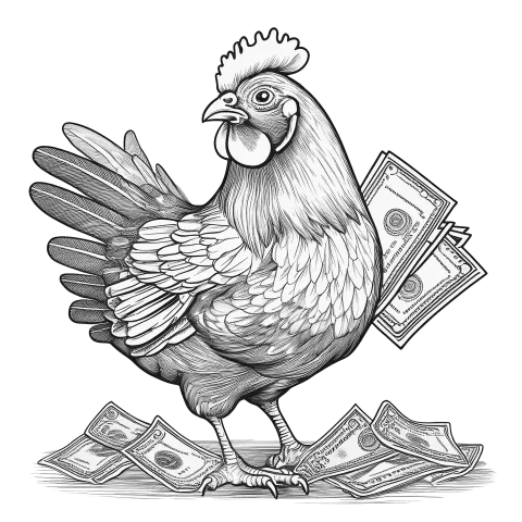 Line art drawing of a chicken holding money