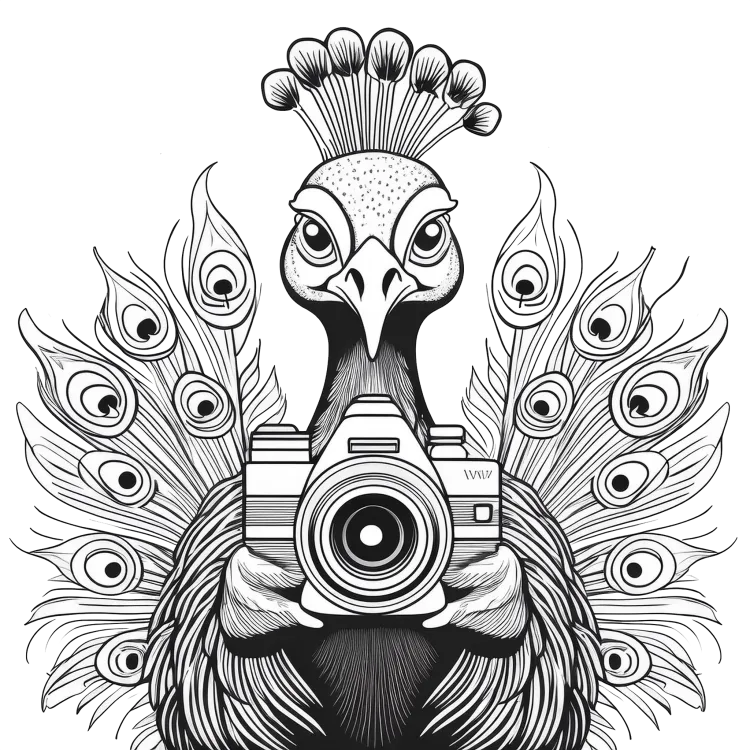 A line art drawing of a peacock holding a camera