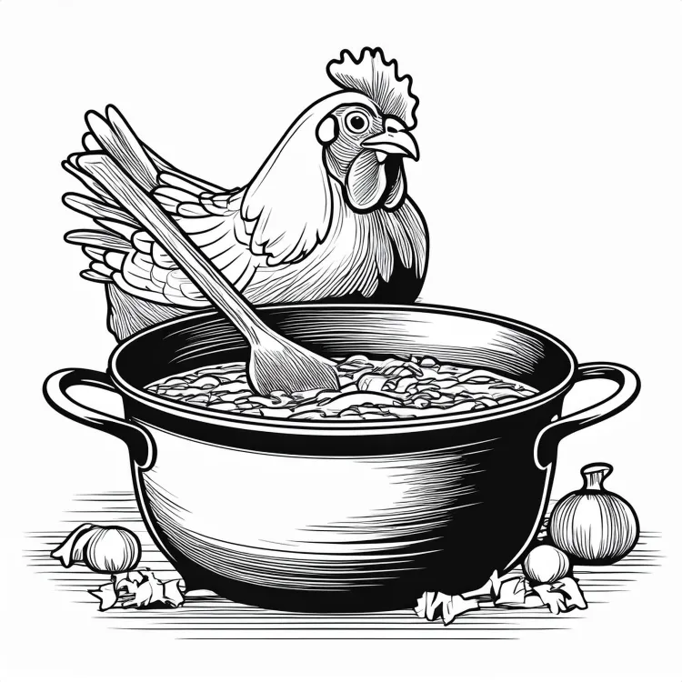 A line art drawing of a chicken next to a pot of chili